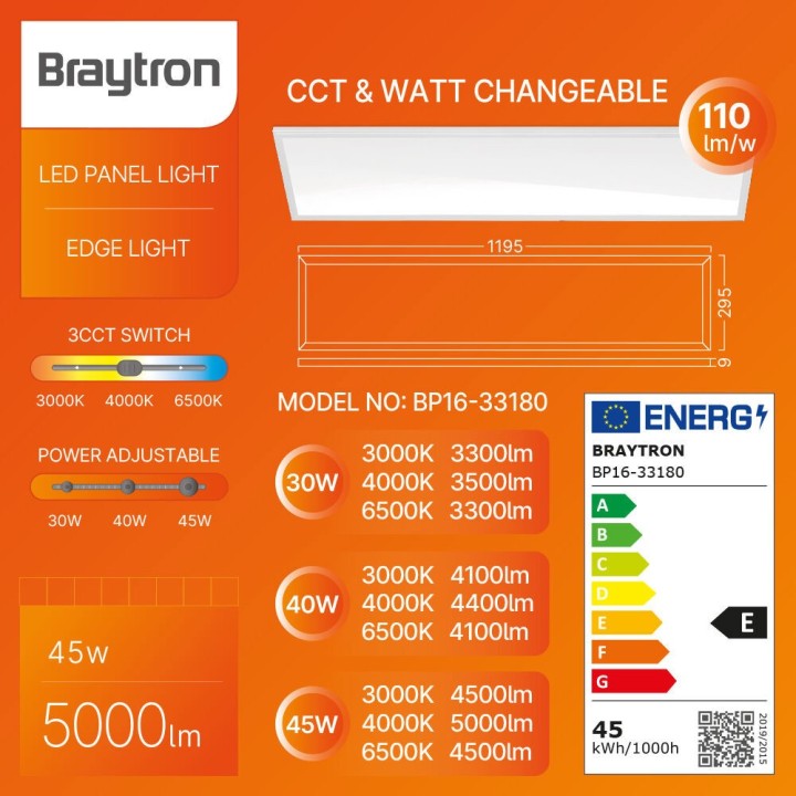 Braytron Πάνελ 29,5 cm x 119,5 cm 30w-40w-50w 4400lm 3CCT